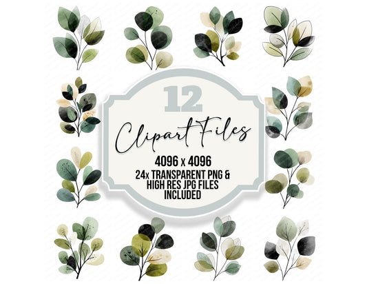 Minimal Leaf Branch clipart set with transparent PNGs and high resolution JPGs for crafting and design projects