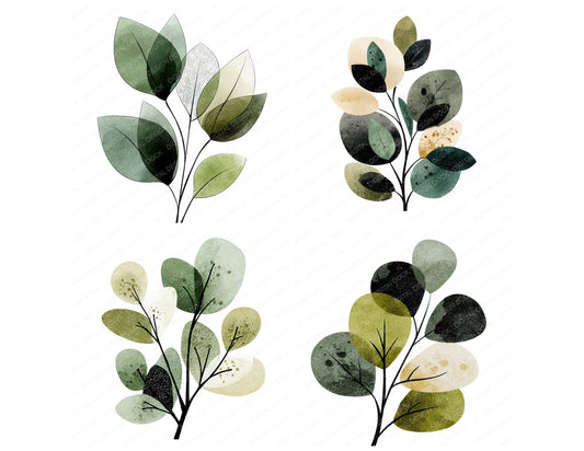Preview layout showing Minimal Leaf Branch clipart elements for scrapbooking, junk journals, and card making