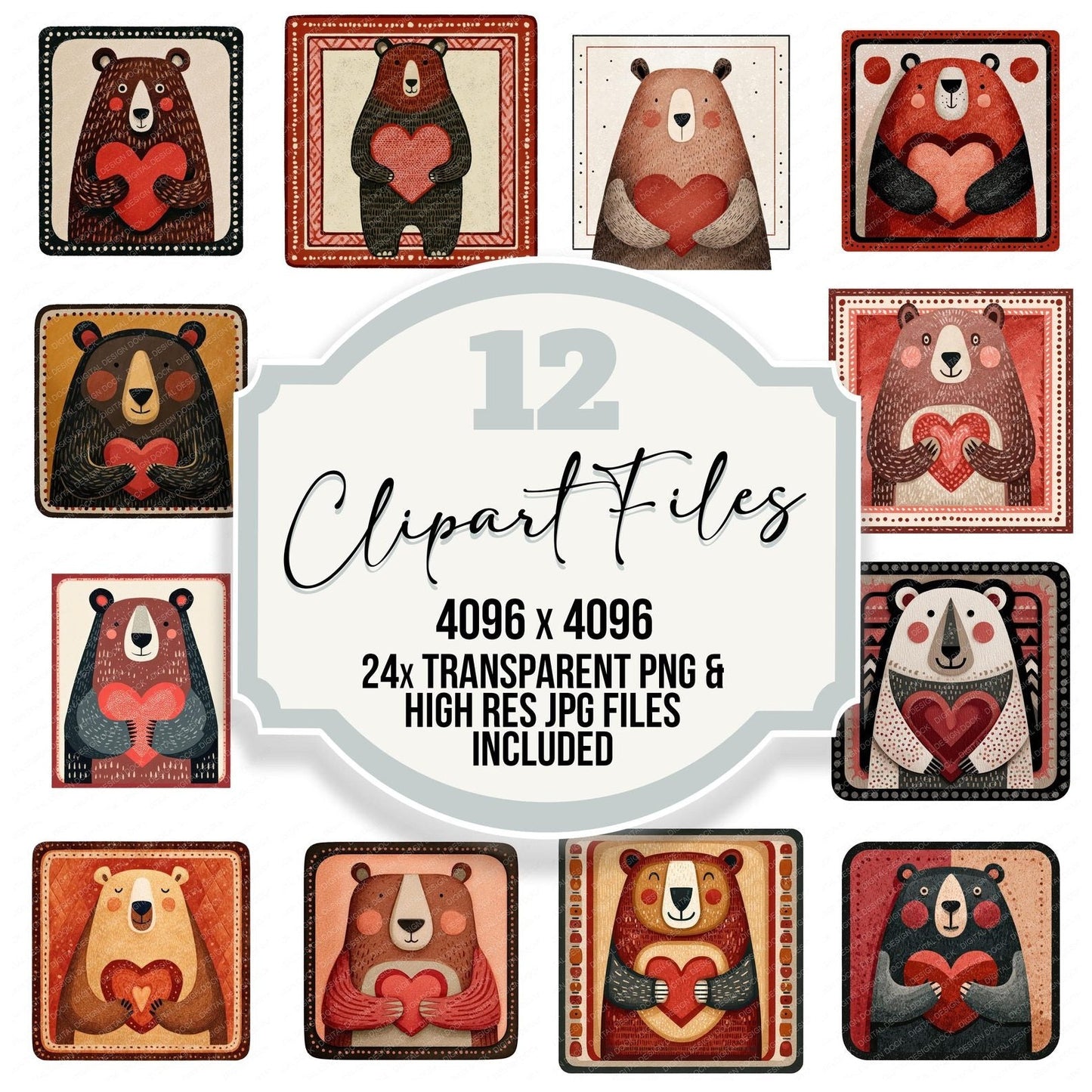 Bear Heart Square Badge Clipart Set (DDD008288)
