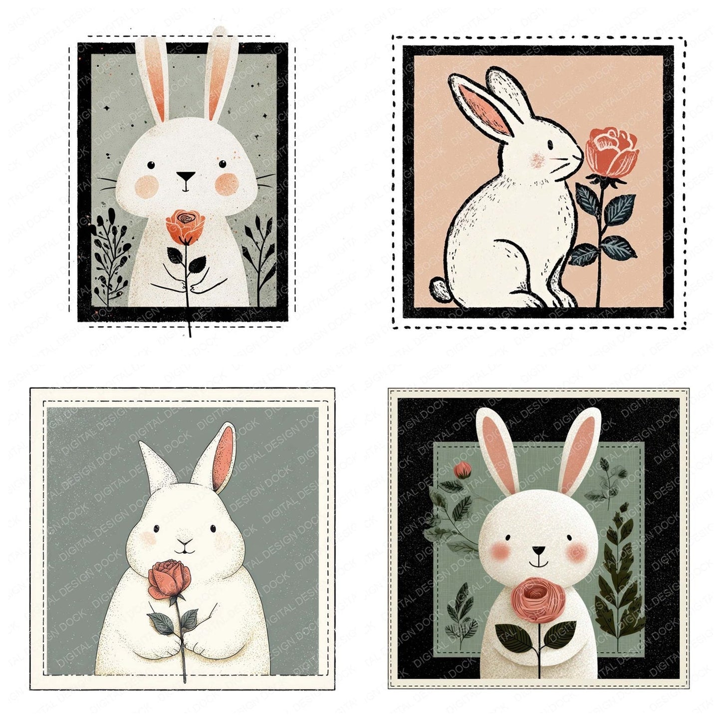 Bunny Rose Square Badge Clipart Set (DDD008290)