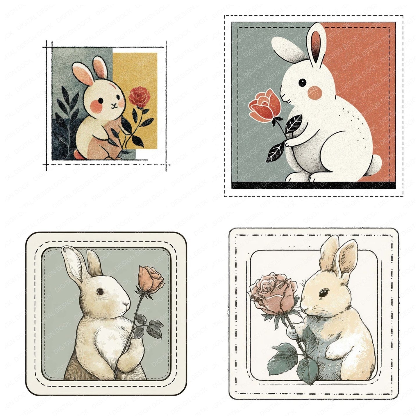 Bunny Rose Square Badge Clipart Set (DDD008290)