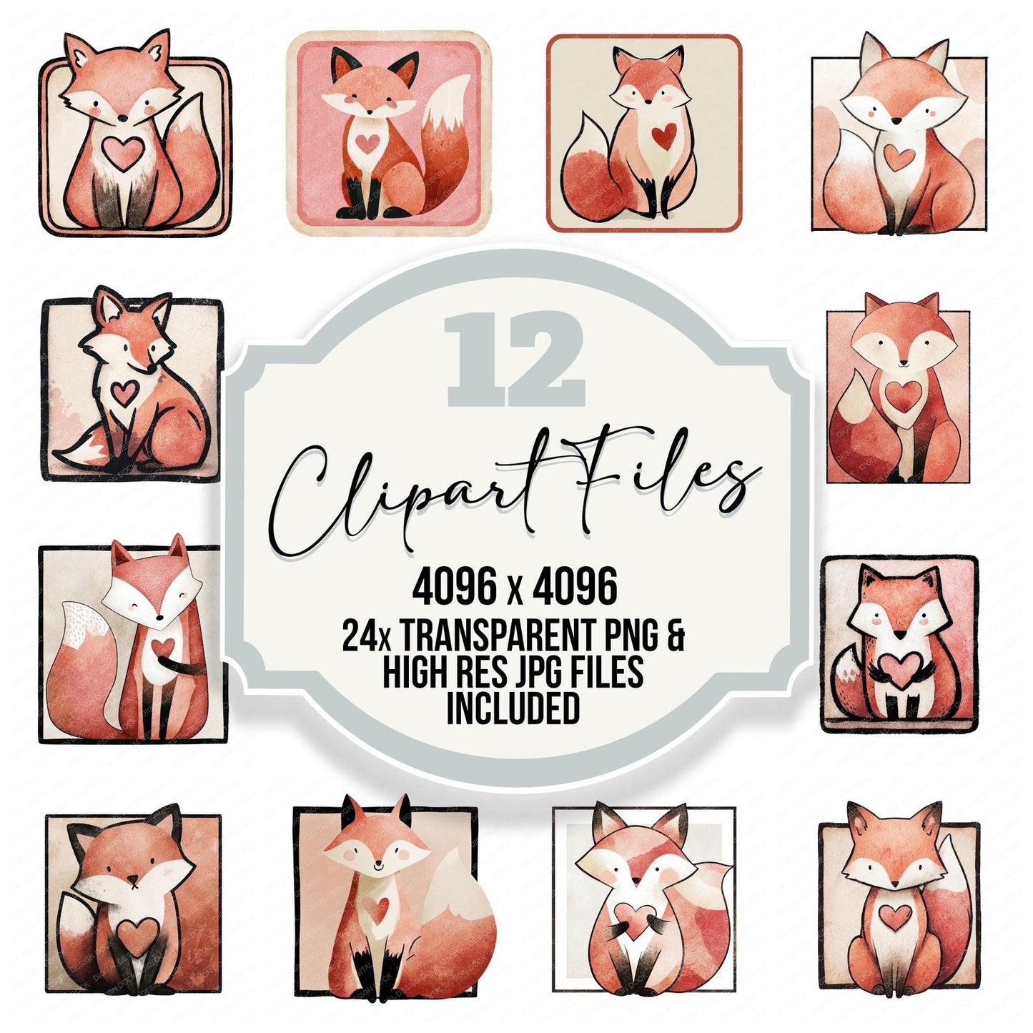 Fox Love Square Badge Clipart Set (DDD008292)