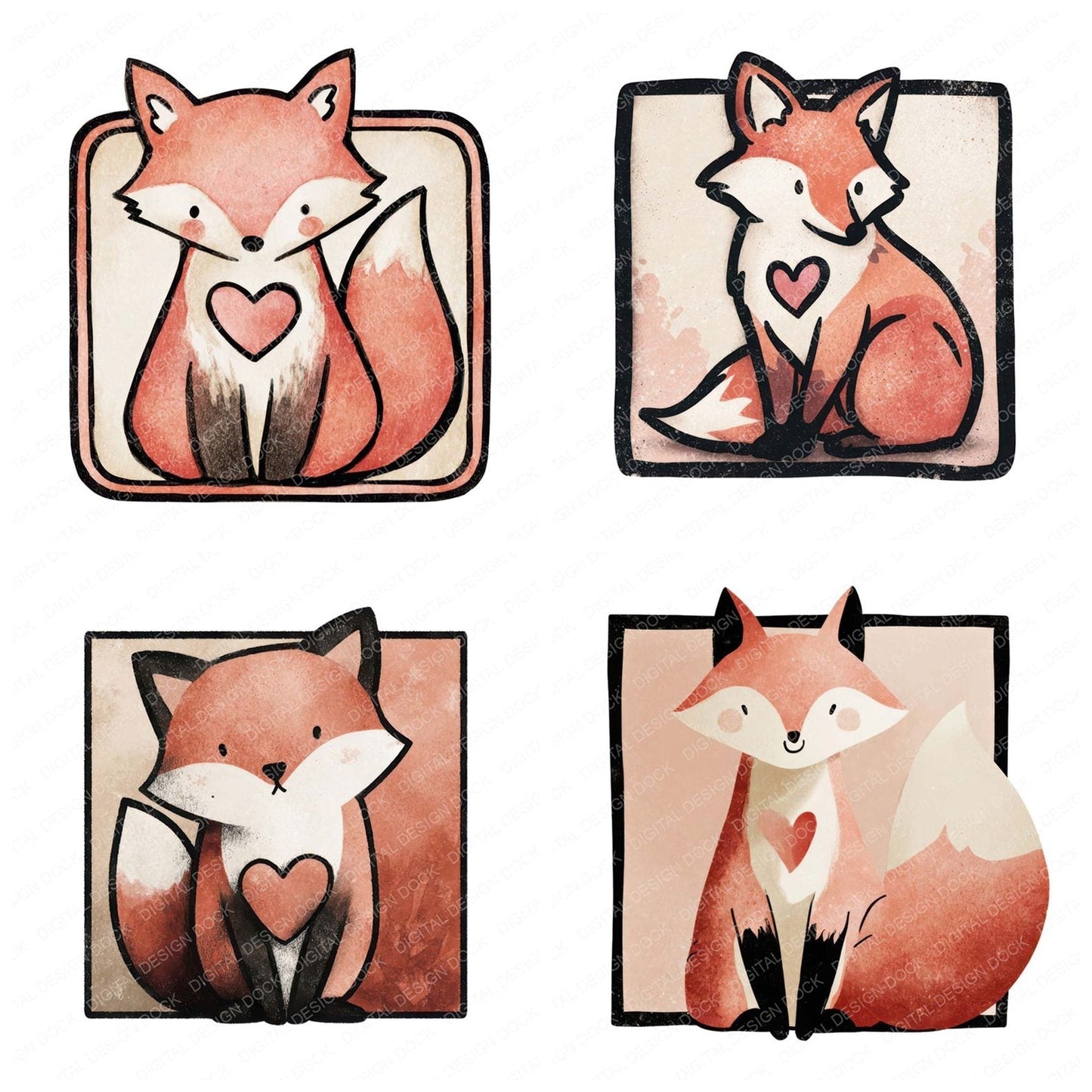 Fox Love Square Badge Clipart Set (DDD008292)