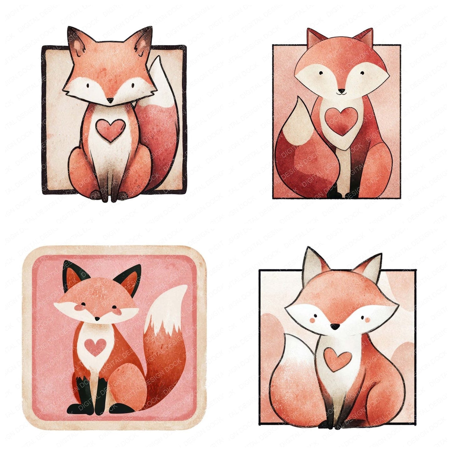 Fox Love Square Badge Clipart Set (DDD008292)