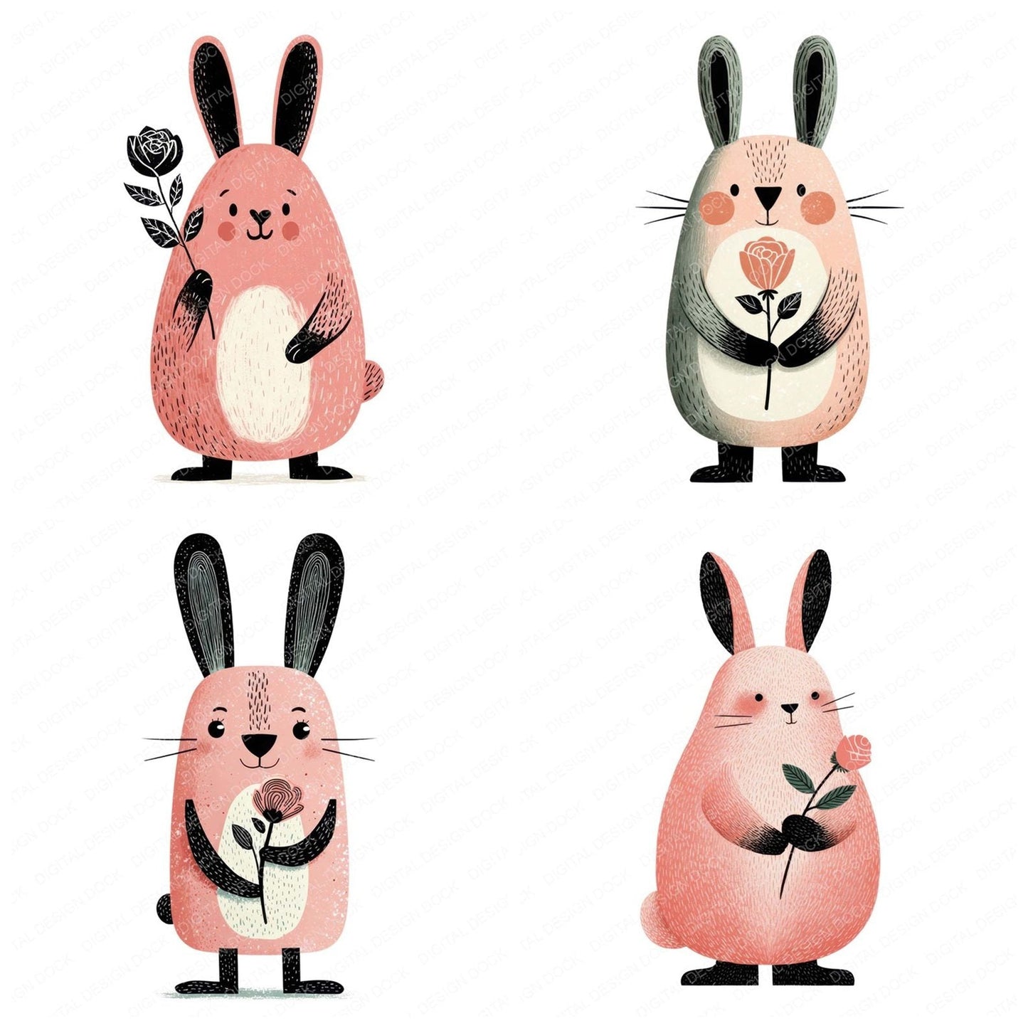 Minimal Bunny Rose Clipart Set (DDD008296)