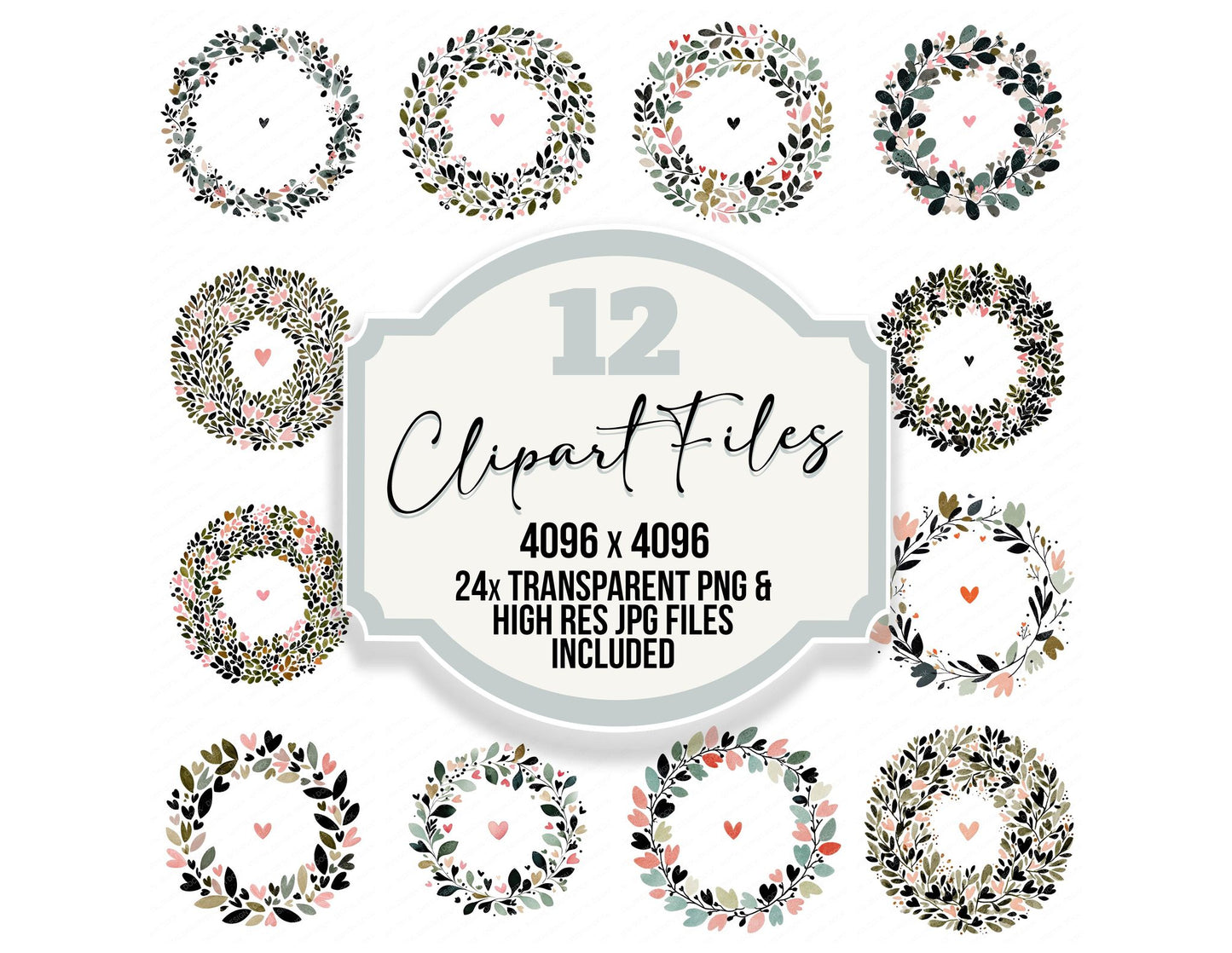 Minimal Heart Wreath Circle Clipart Set (DDD008301)