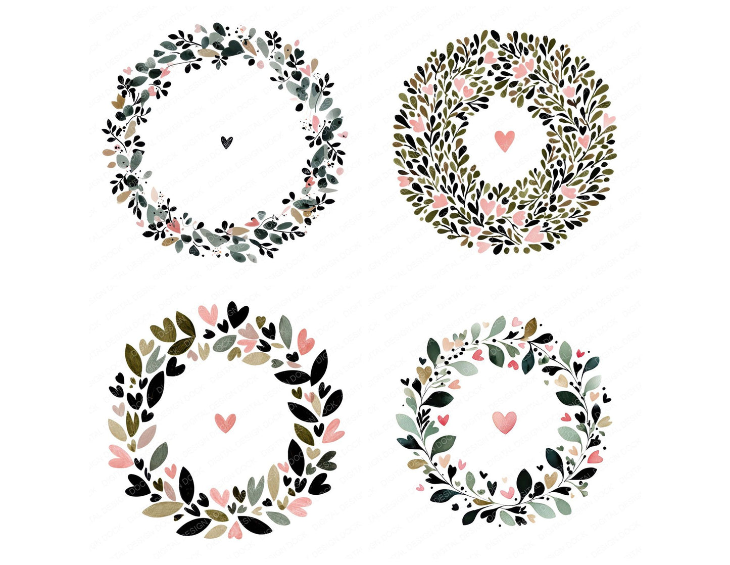Minimal Heart Wreath Circle Clipart Set (DDD008301)