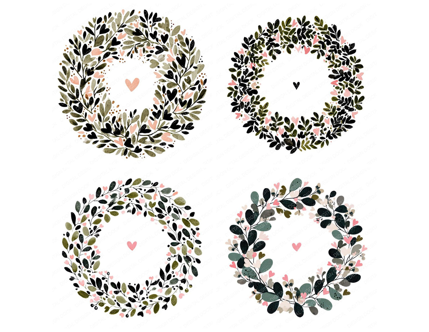 Minimal Heart Wreath Circle Clipart Set (DDD008301)