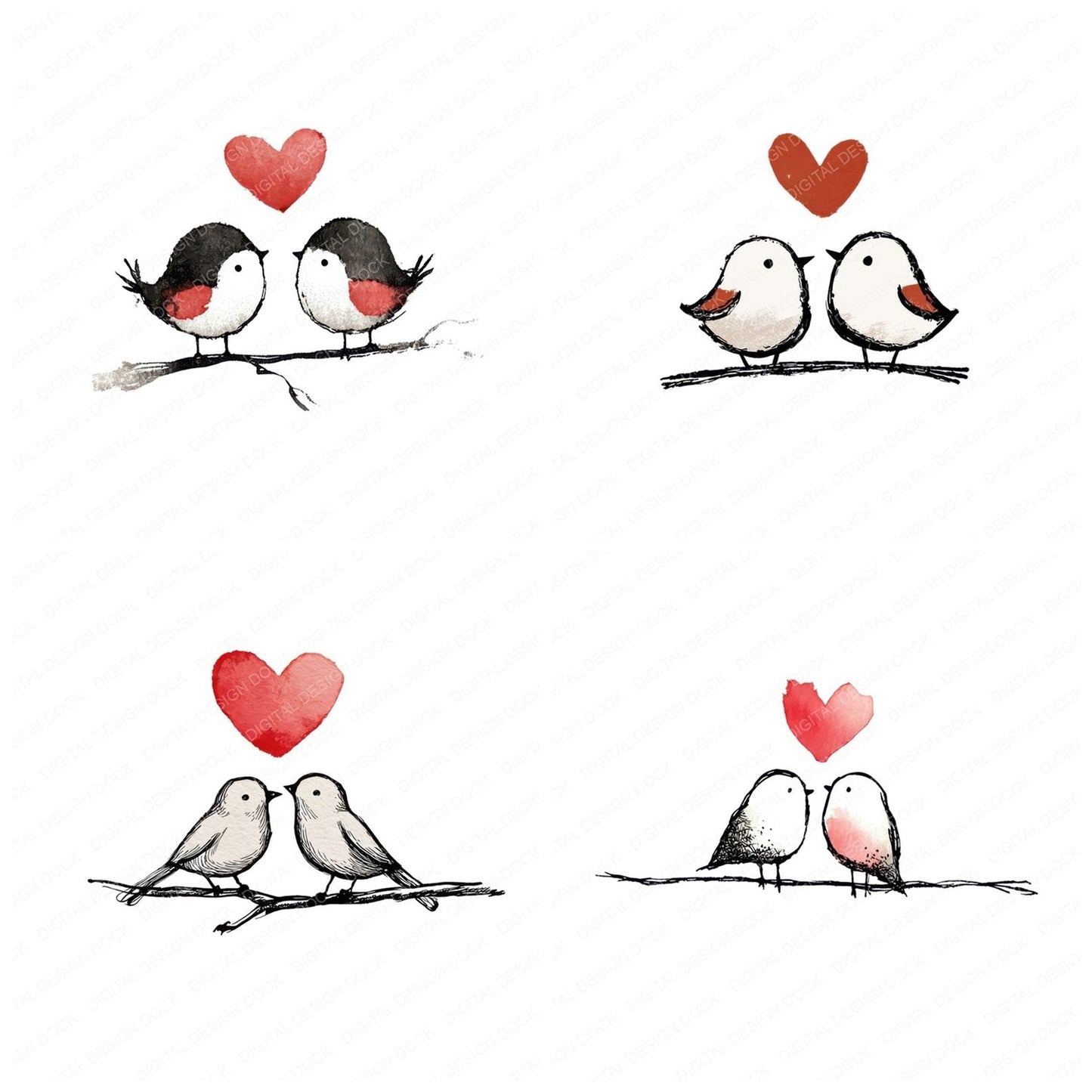 Minimal Line Birds Love Clipart Set (DDD008303)