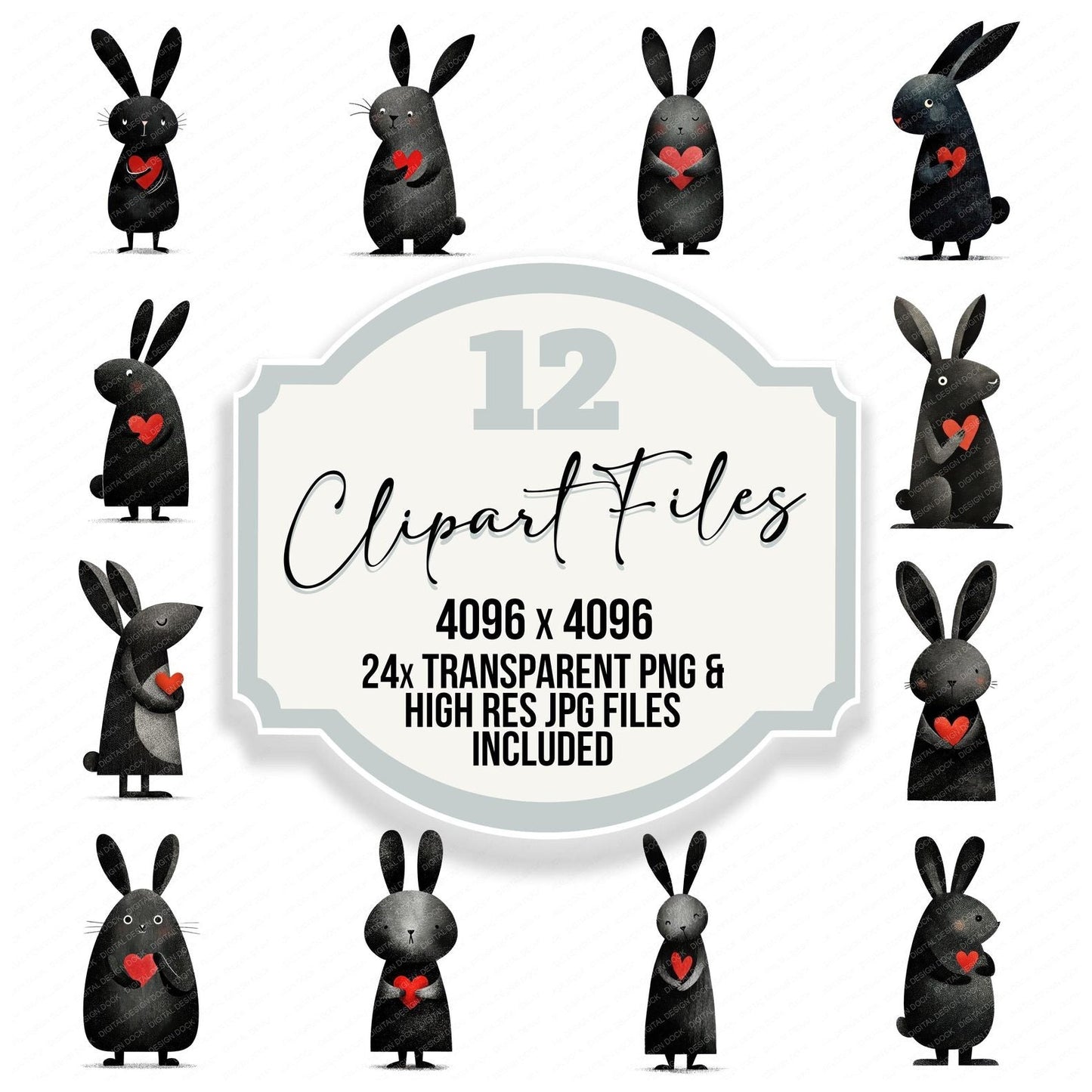 Minimal Monochrome Bunny Love Clipart Set (DDD008305)