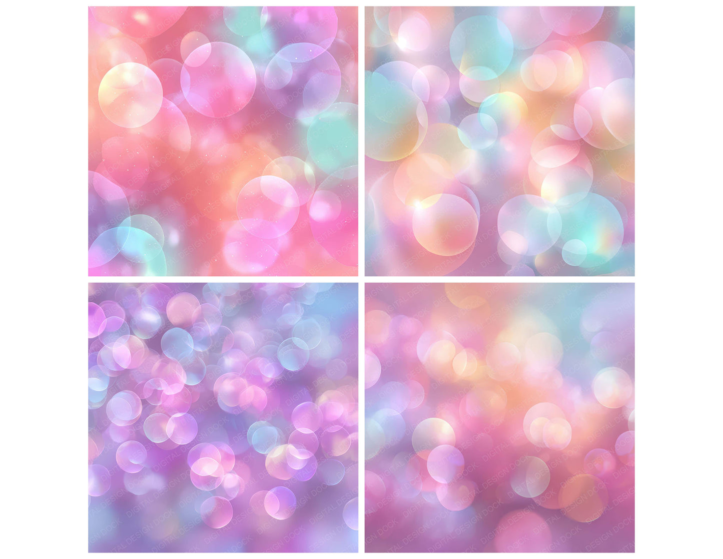 Close view of Pastel Bokeh Lights background papers highlighting collage composition and cohesive colour tones