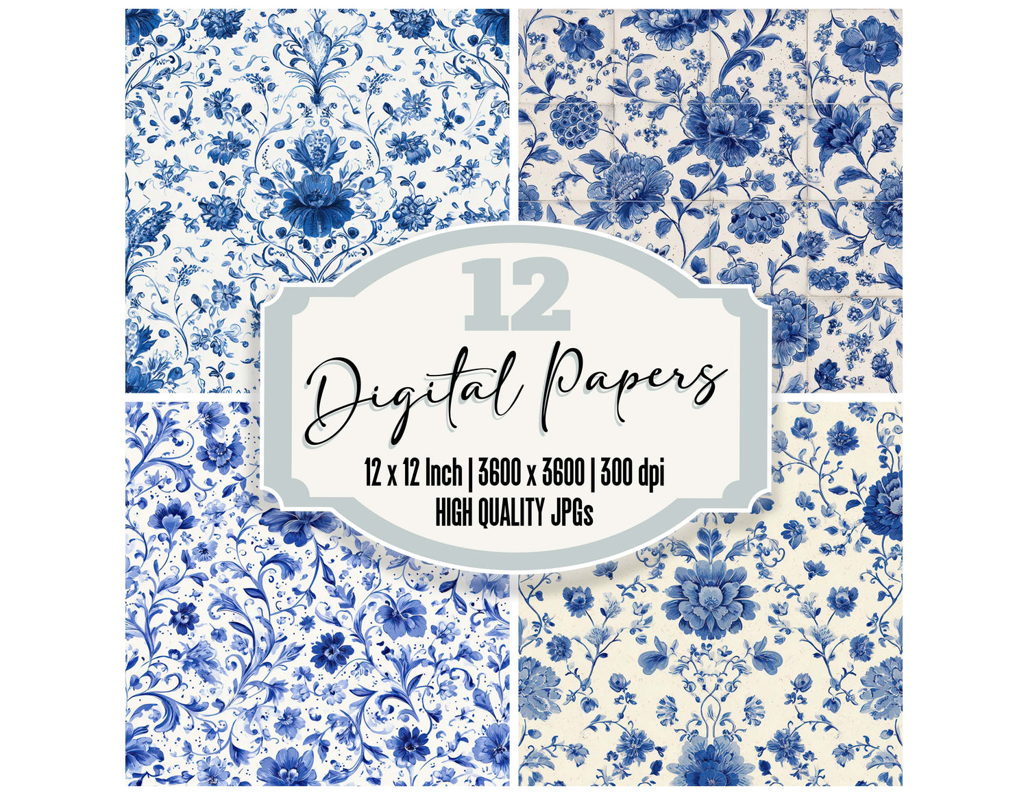 Delft Floral Tile digital paper pack designed for background pages in junk journaling and paper craft projects