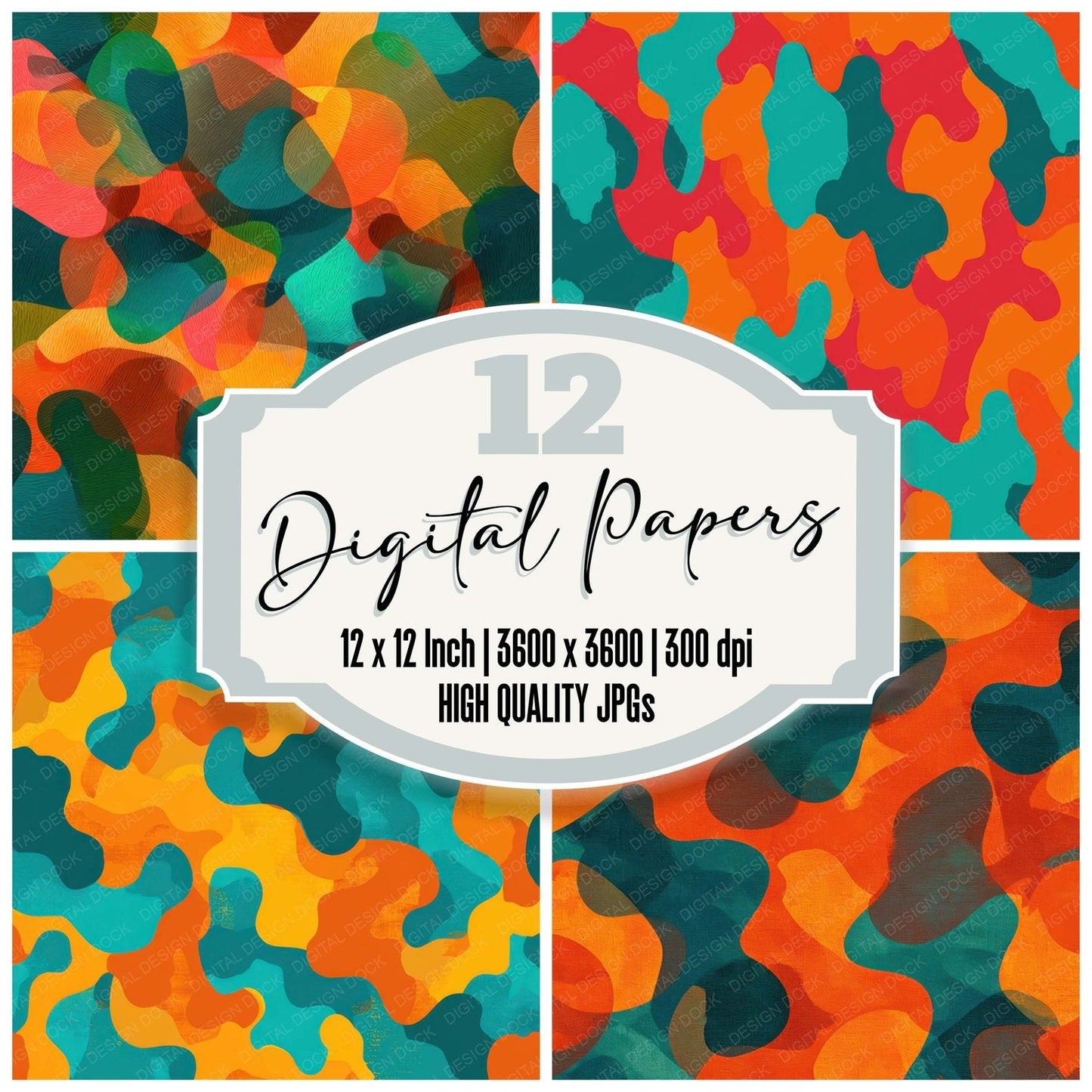Orange Teal Camo Pattern Digital Paper Pack (DDD008375)