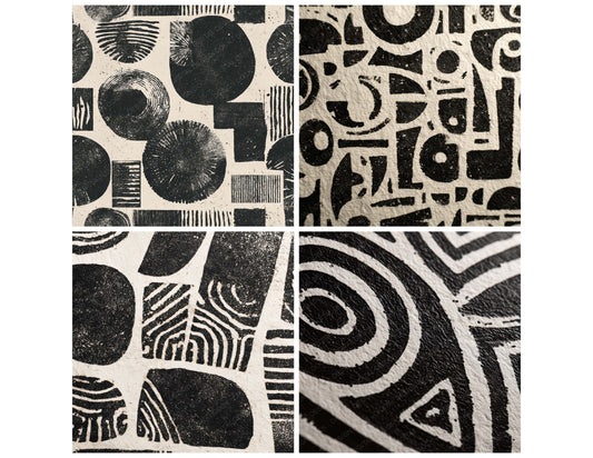 Preview layout showing Linocut Print Texture papers arranged as background pages for junk journals and mixed media crafts