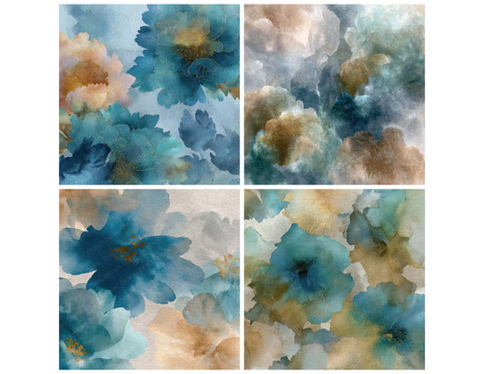 Preview layout showing Watercolor Bloom Texture papers arranged as background pages for junk journals and mixed media crafts