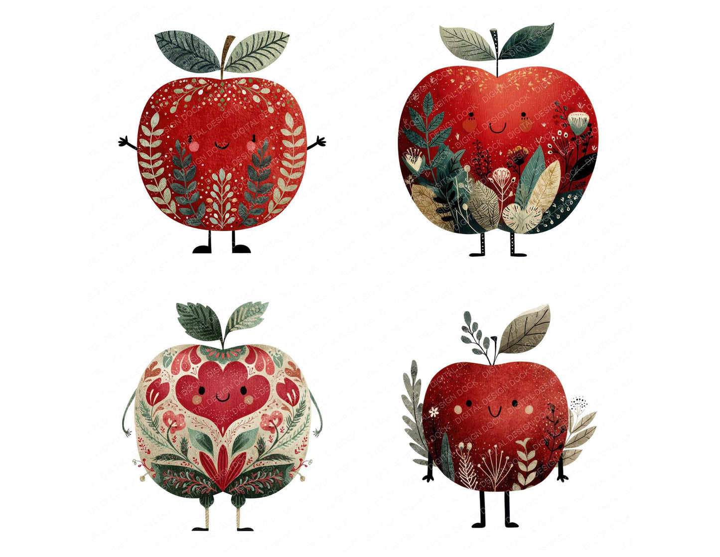 Folk Art Apple Character Clipart Set (DDD008451)