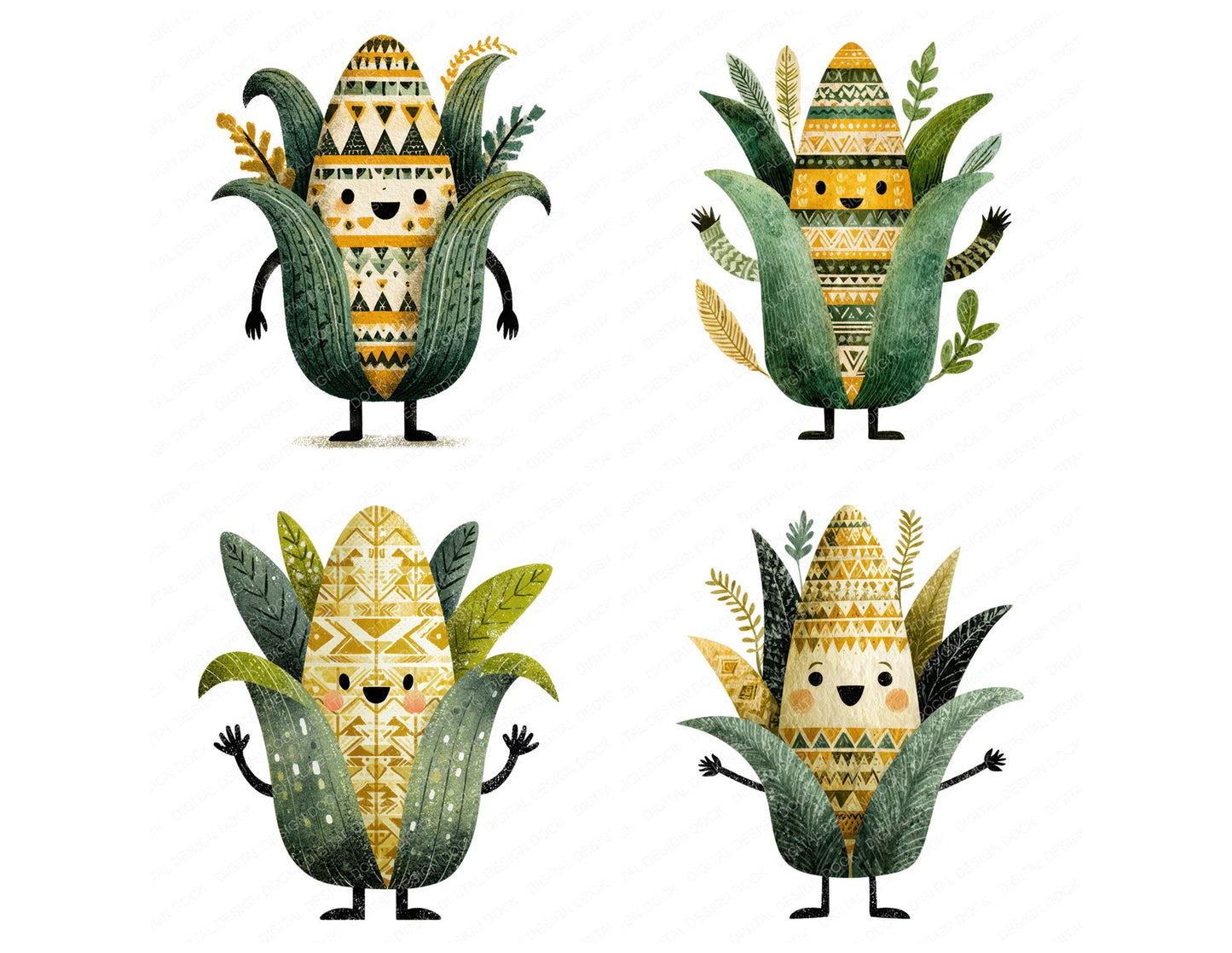 Folk Art Corn Character Clipart Set (DDD008455)