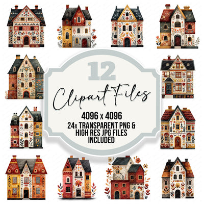 Folk Art House clipart set cover showing the designs and file details