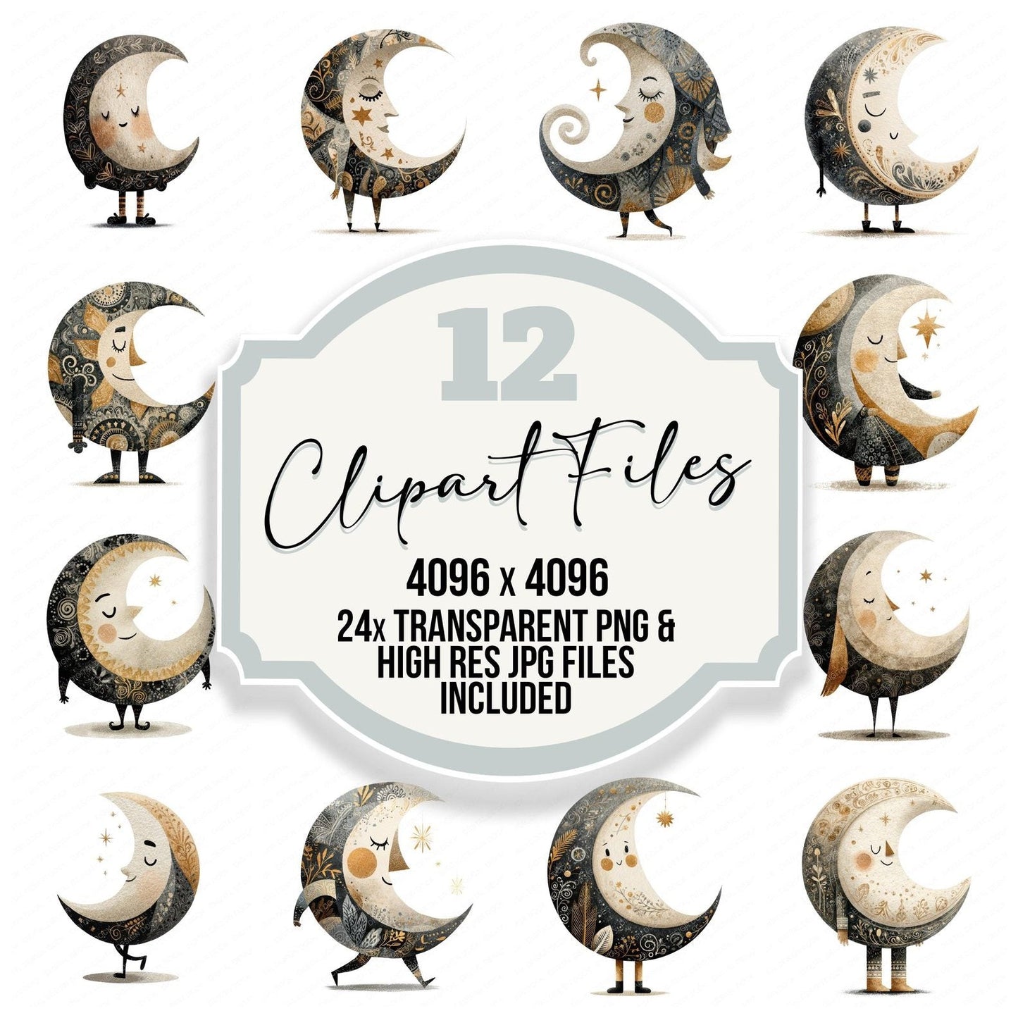 Folk Art Moon Character Clipart Set (DDD008459)
