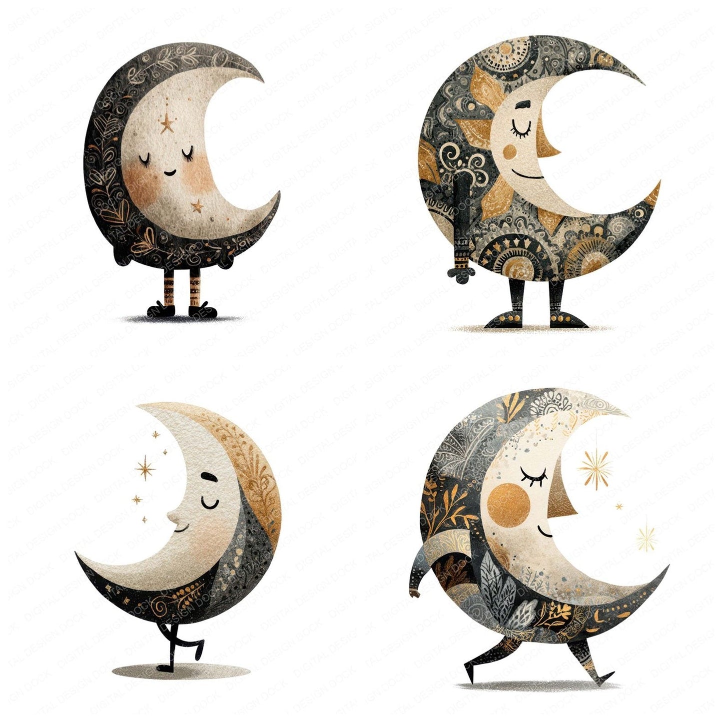 Folk Art Moon Character Clipart Set (DDD008459)