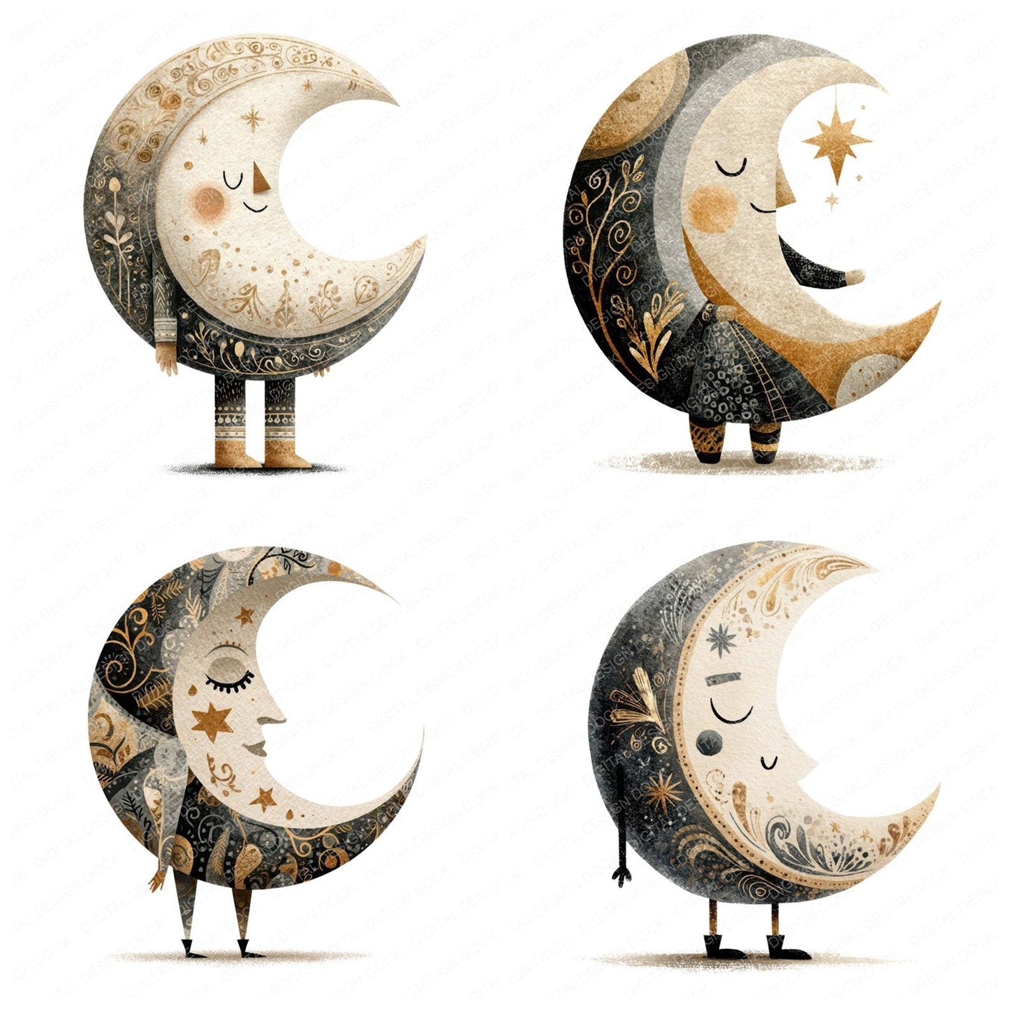 Folk Art Moon Character Clipart Set (DDD008459)