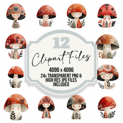 Folk Art Mushroom Character clipart set cover showing the designs and file details