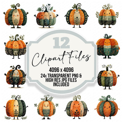Folk Art Pumpkin Character clipart set cover showing the designs and file details