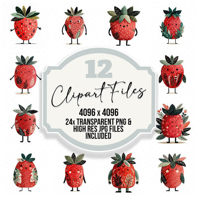 Folk Art Strawberry Character clipart set cover showing the designs and file details