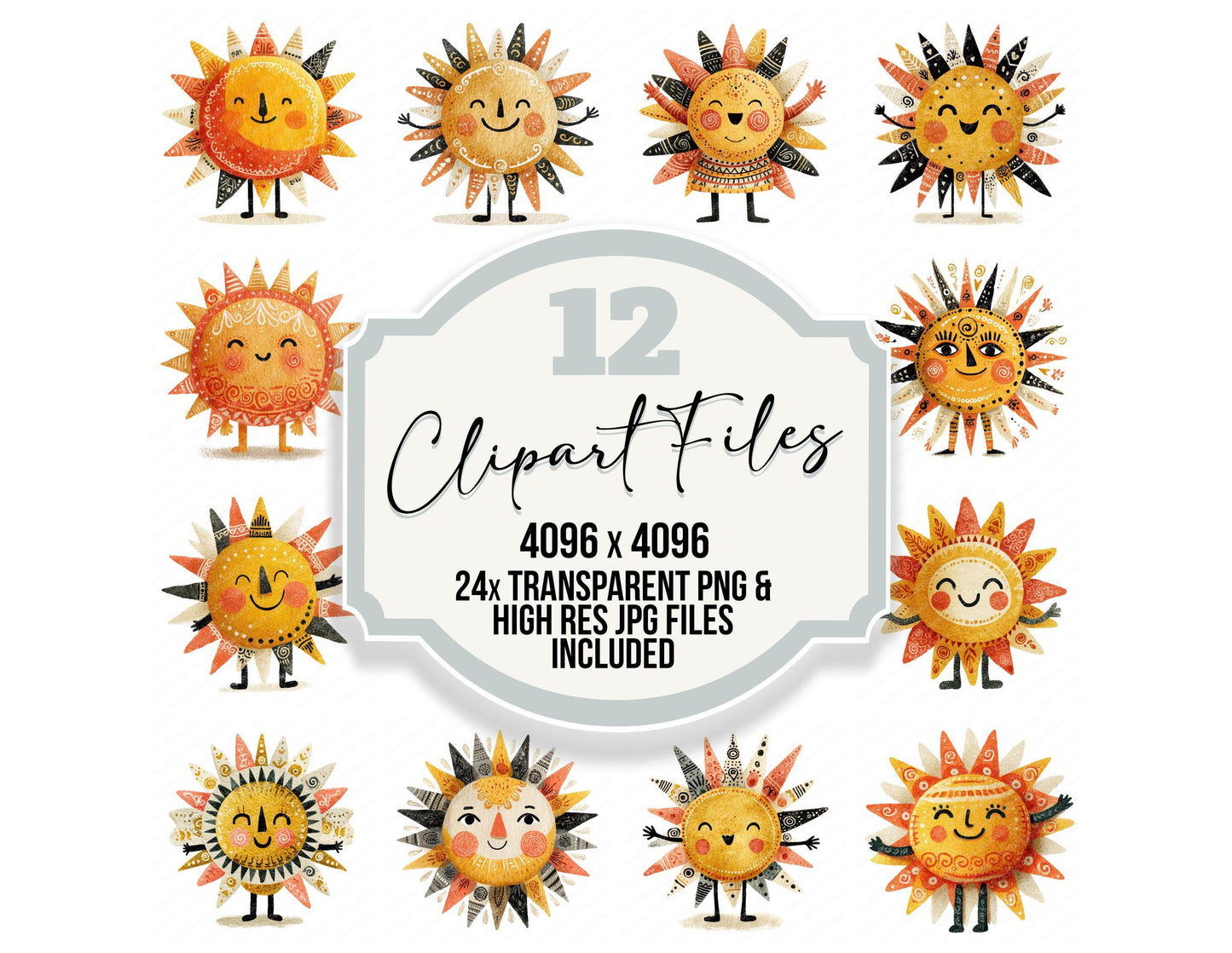 Folk Art Sun Character Clipart Set (DDD008465)