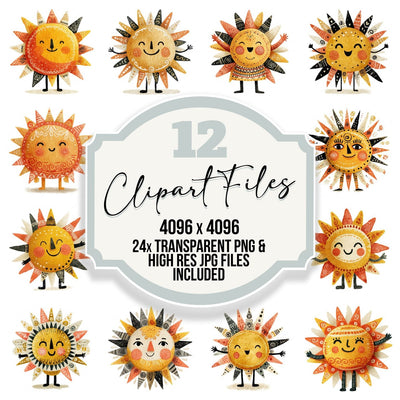 Folk Art Sun Character clipart set cover showing the designs and file details