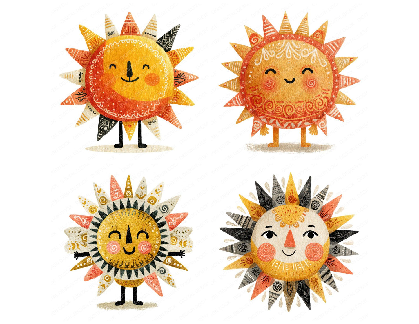Folk Art Sun Character Clipart Set (DDD008465)