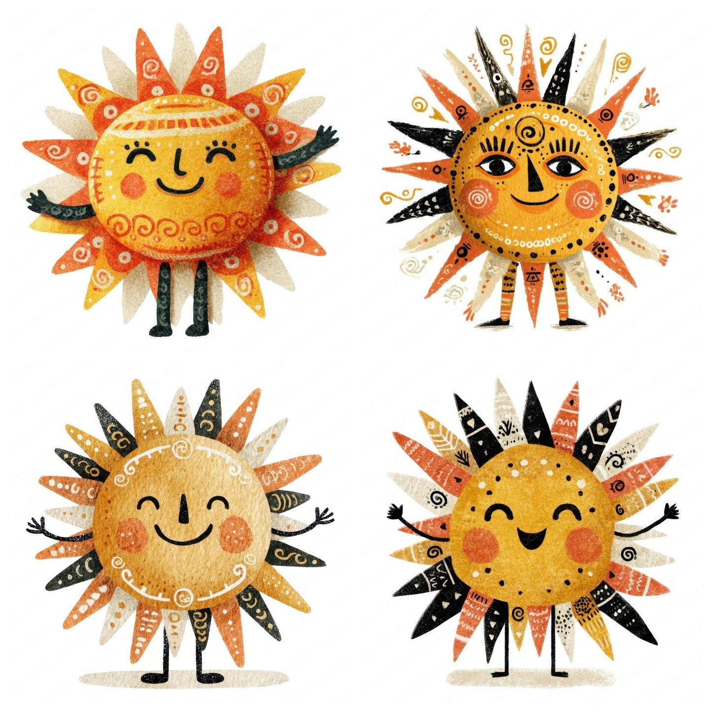 Folk Art Sun Character Clipart Set (DDD008465)