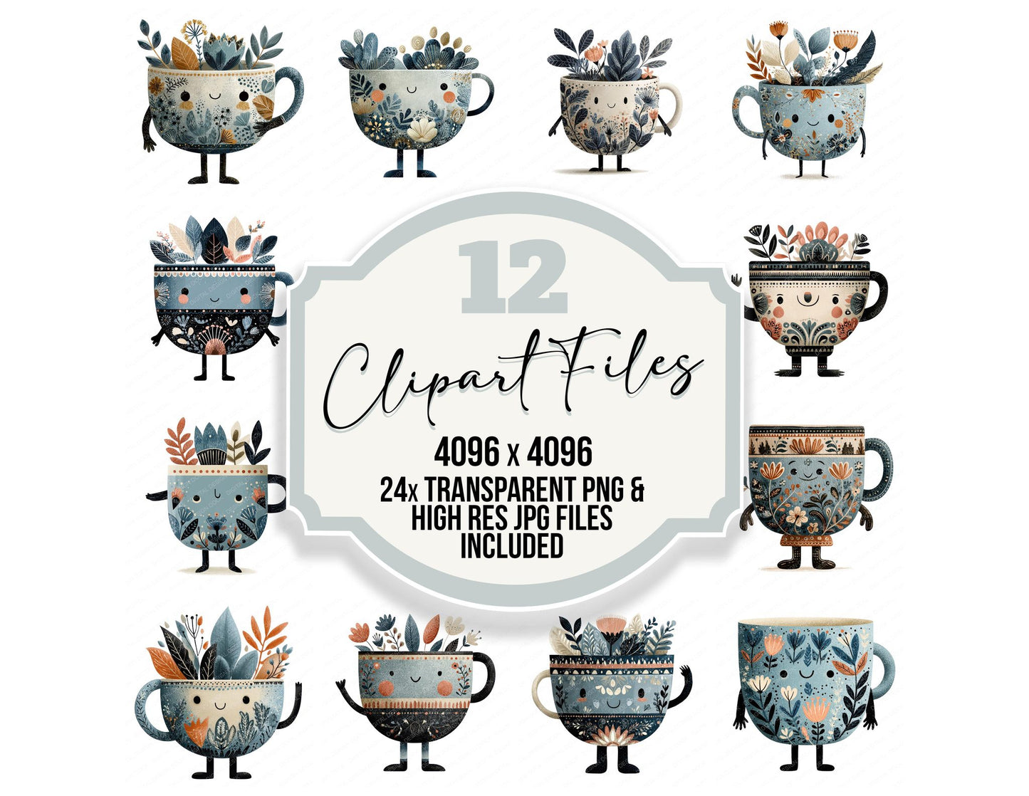 Folk Art Teacup Character Clipart Set (DDD008466)