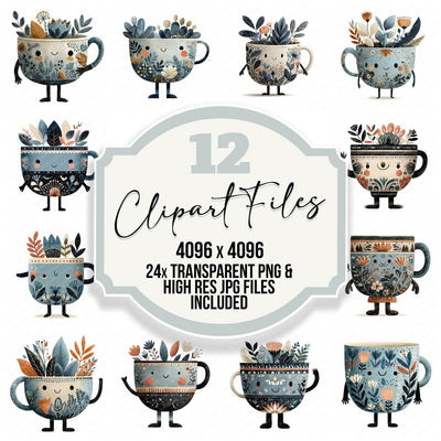 Folk Art Teacup Character Clipart Set (DDD008466)