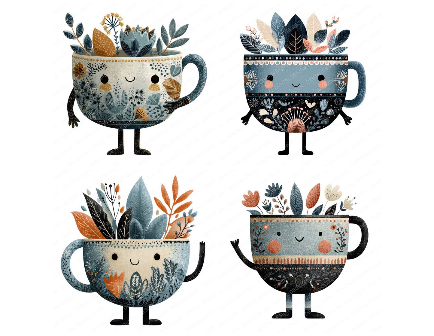 Folk Art Teacup Character Clipart Set (DDD008466)