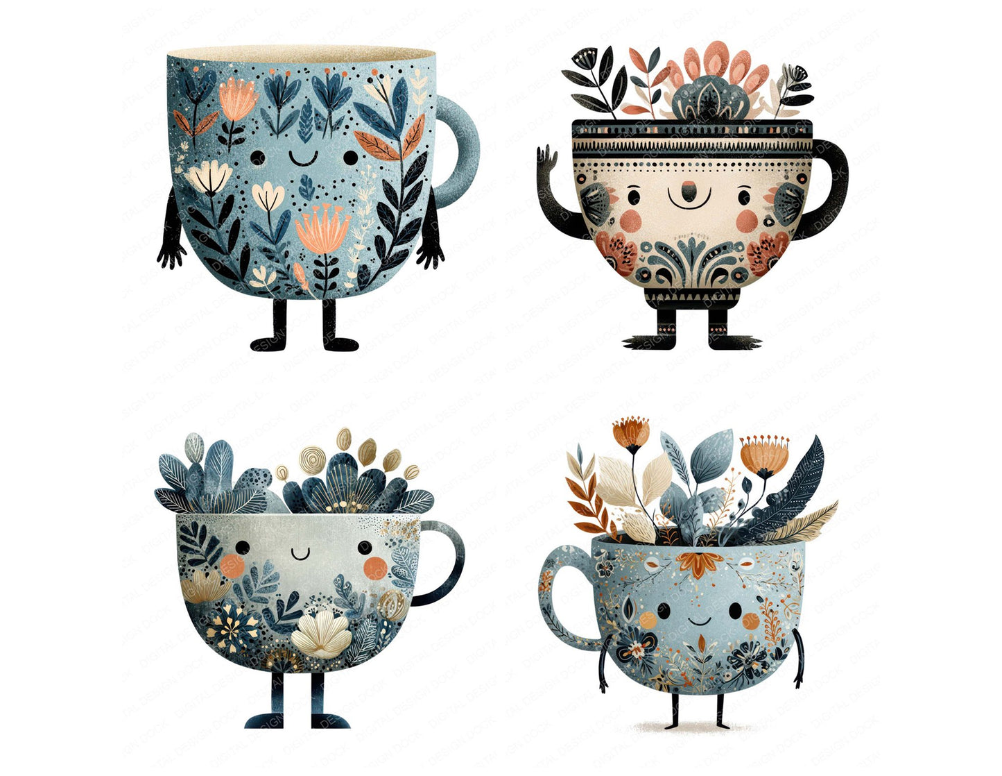 Folk Art Teacup Character Clipart Set (DDD008466)