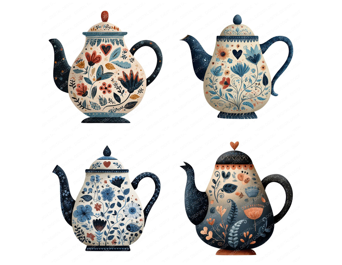 Folk Art Teapot Clipart Set (DDD008467)