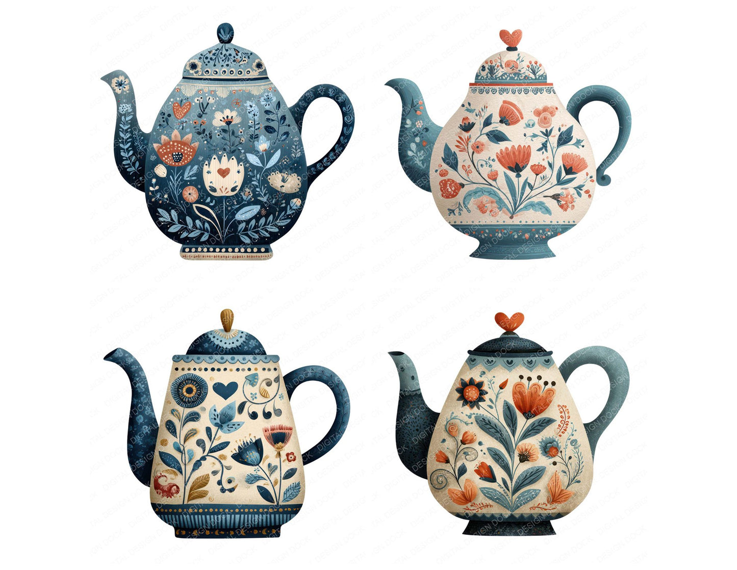 Folk Art Teapot Clipart Set (DDD008467)