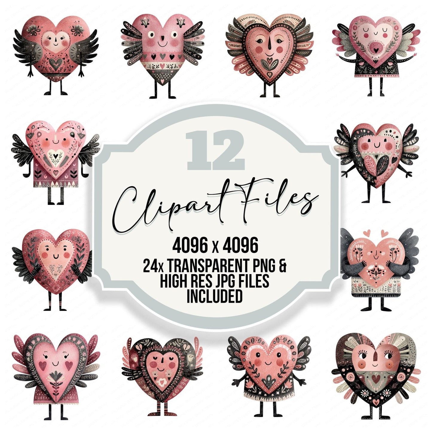 Cute Folk Art Heart Character Clipart Set (DDD008468)
