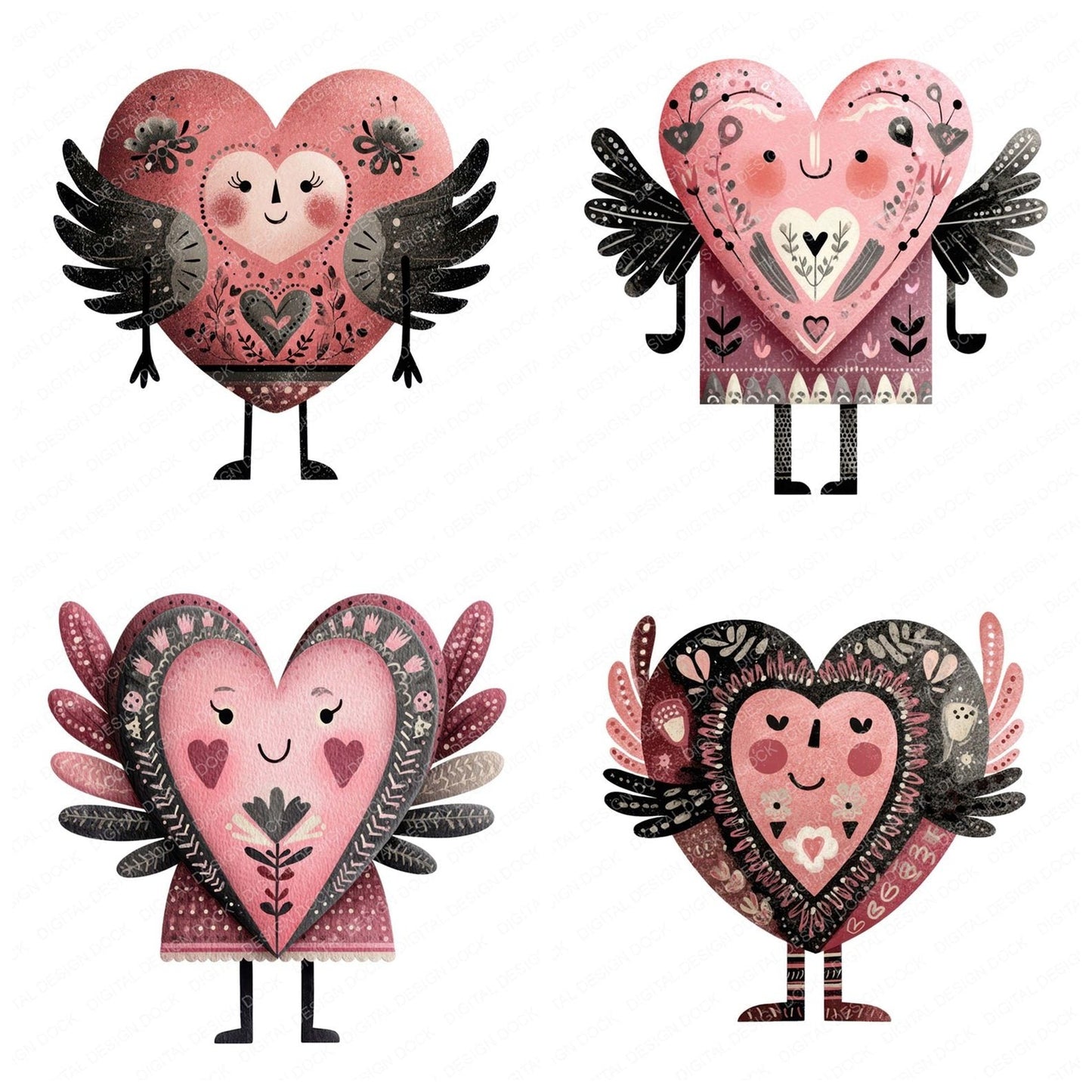 Cute Folk Art Heart Character Clipart Set (DDD008468)