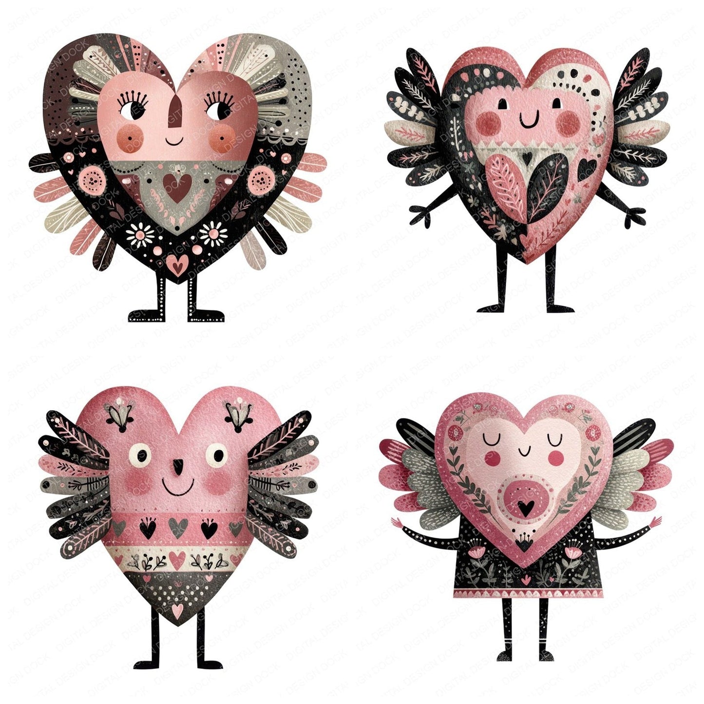 Cute Folk Art Heart Character Clipart Set (DDD008468)