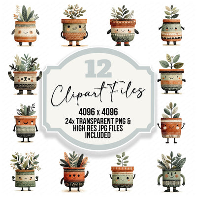 Folk Art Flower Pot Character Clipart Set (DDD008475)