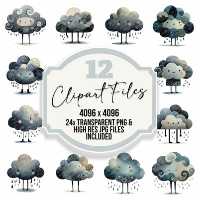 Folk Art Rain Cloud Character Clipart Set (DDD008481)