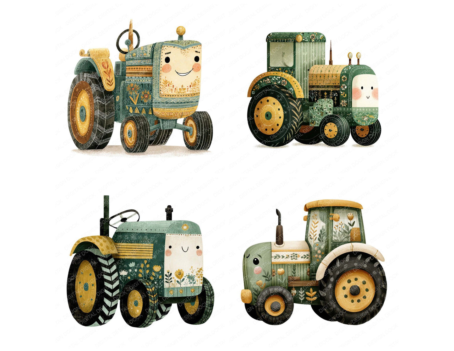 Folk Art Tractor Character Clipart Set (DDD008485)