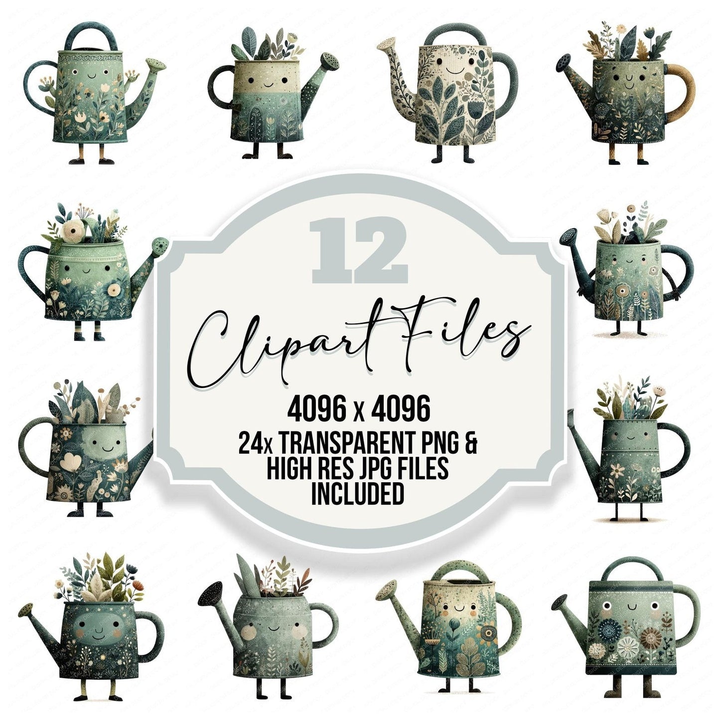 Folk Art Watering Can Character Clipart Set (DDD008487)
