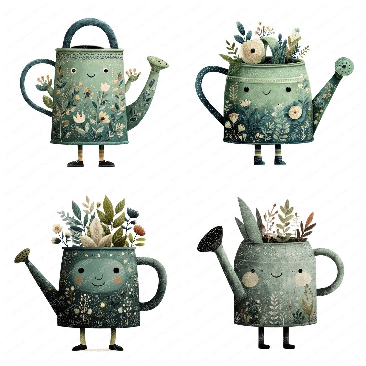 Folk Art Watering Can Character Clipart Set (DDD008487)