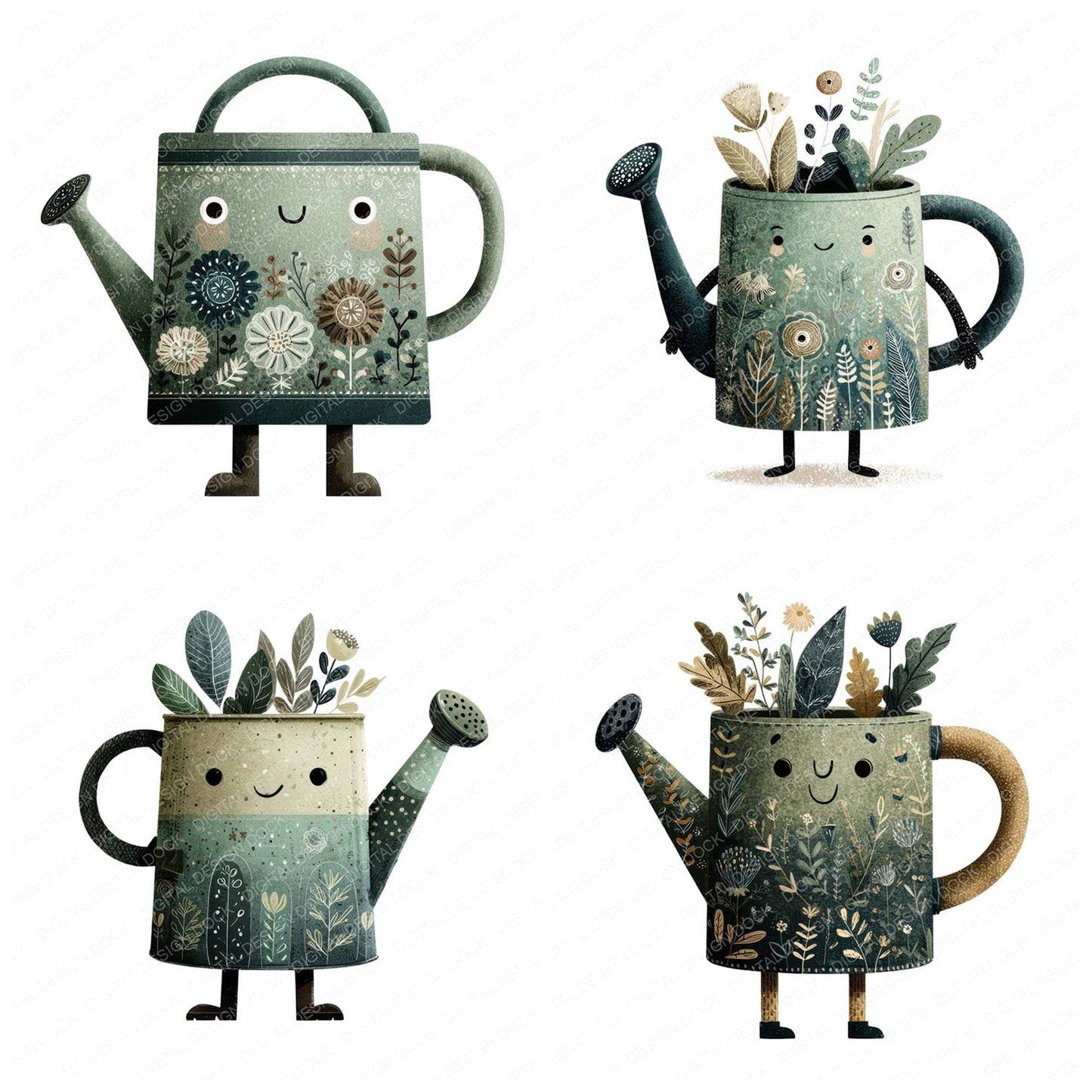 Folk Art Watering Can Character Clipart Set (DDD008487)