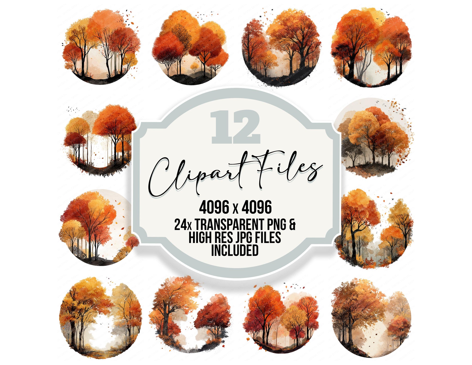 Watercolour Autumn Forest Circle clipart set with transparent PNGs and high resolution JPGs for crafting and design projects