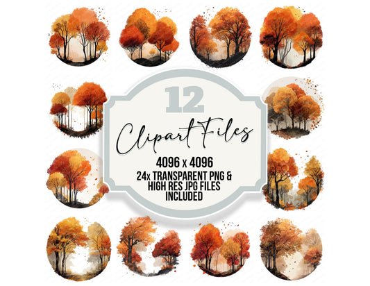Watercolour Autumn Forest Circle clipart set with transparent PNGs and high resolution JPGs for crafting and design projects