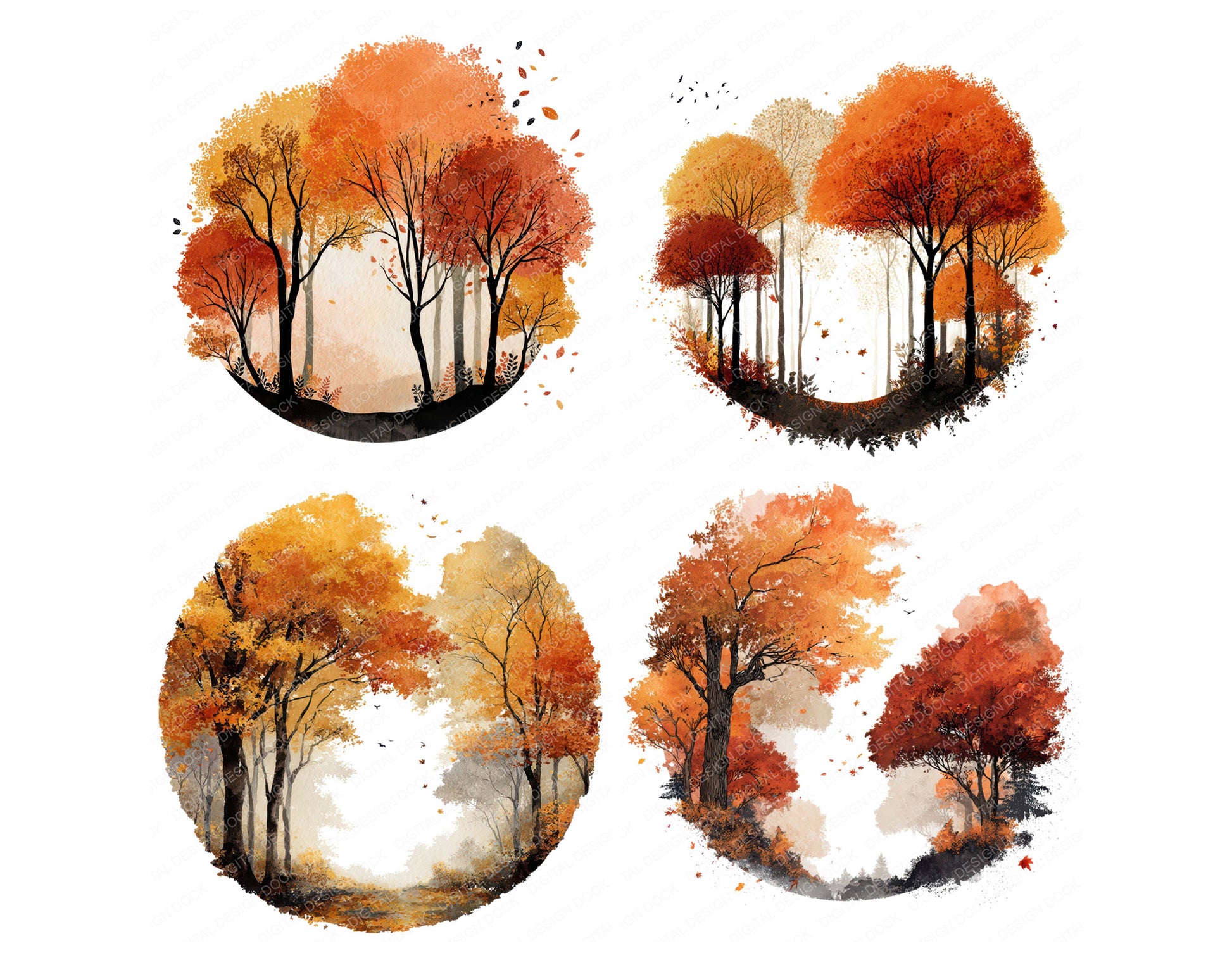 Preview layout showing Watercolour Autumn Forest Circle clipart elements for scrapbooking, junk journals, and card making